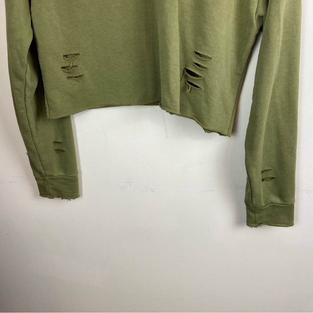 Forever 21 Green Distressed Raw Hem Cropped Sweatshirt‎ Pullover Grunge Sz Large - Picture 3 of 8